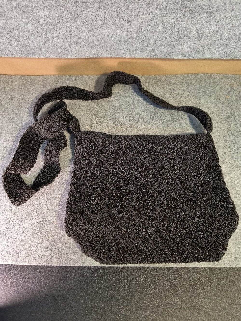 Black Macrame Beaded Shoulder Bag Boho Woven Purse Zip Top Handbag
